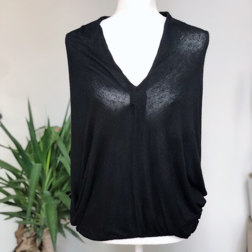 Ramy Brook Slouchy Crossover Black Top Bamboo Cashmere Sweater V-Neck Top OS